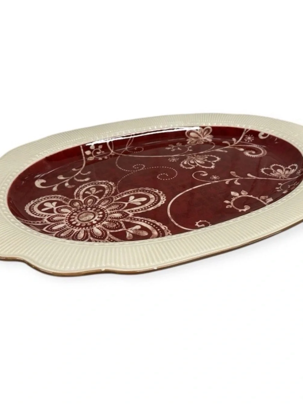 Pier 1 Imports Maribeth 18” Oval Serving Platter Burgundy Cream Ironstone